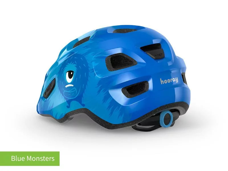 #colour_blue monsters,Blue Monsters Kids Helmet Rear|MET Hooray kids helmet is light comfy and adjusts easily for a safe secure fit