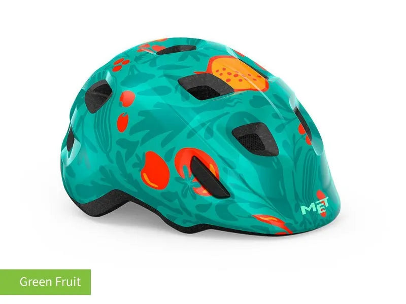 #colour_green fruit,Green Fruit Kids Helmet Front|MET Hooray kids helmet is light comfy and adjusts easily for a safe secure fit