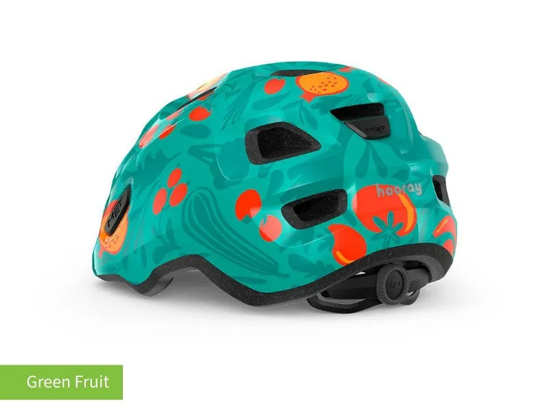 #colour_green fruit,Green Fruit Kids Helmet Rear|MET Hooray kids helmet is light comfy and adjusts easily for a safe secure fit
