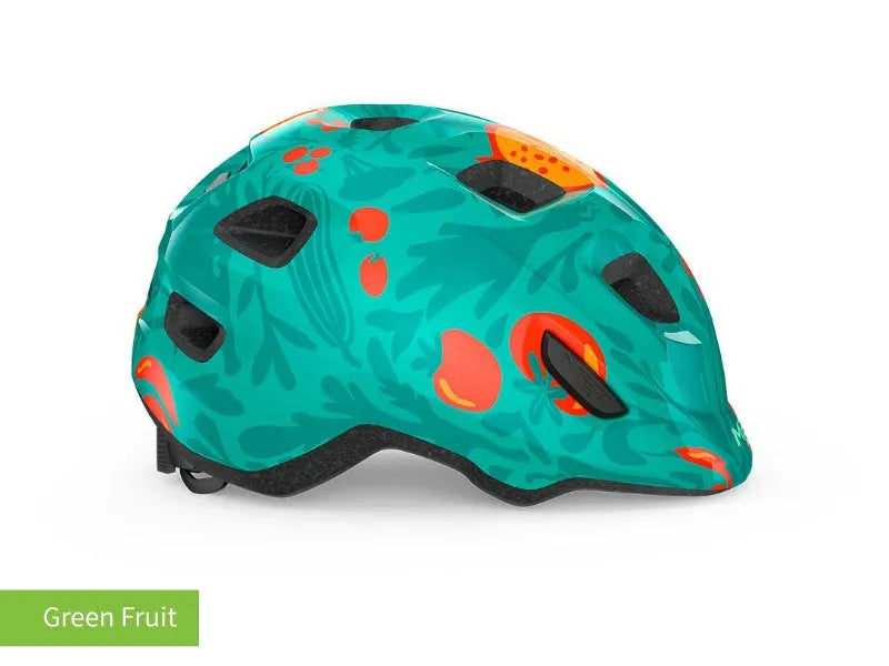 #colour_green fruit,Green Fruit Kids Helmet Side|MET Hooray kids helmet is light comfy and adjusts easily for a safe secure fit