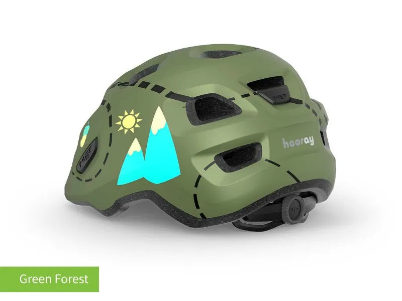 #colour_green forest,Green Forest Kids Helmet Back|MET Hooray kids helmet is light comfy and adjusts easily for a safe secure fit