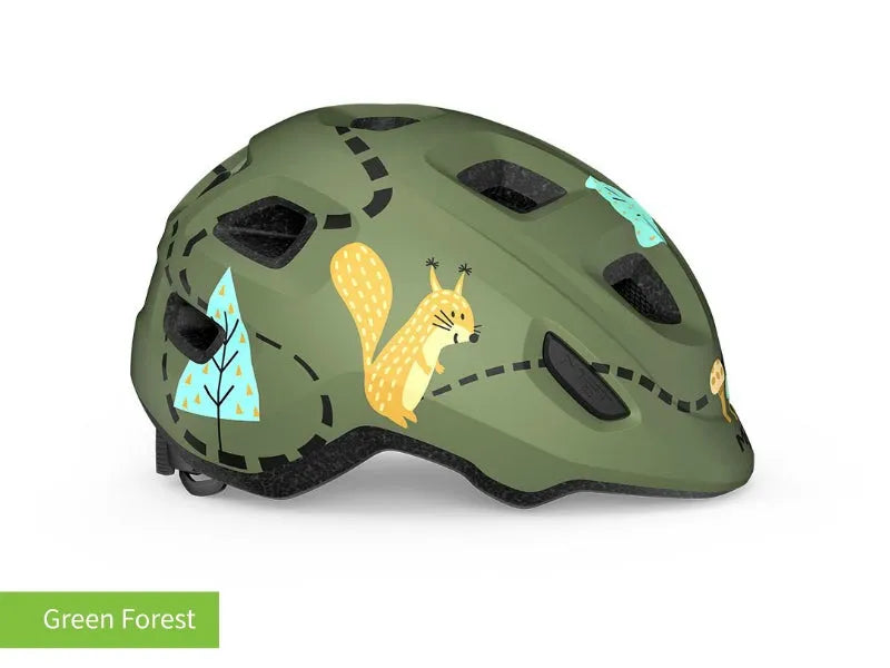 #colour_green forest,Green Fruit Kids Helmet Side|MET Hooray kids helmet is light comfy and adjusts easily for a safe secure fit