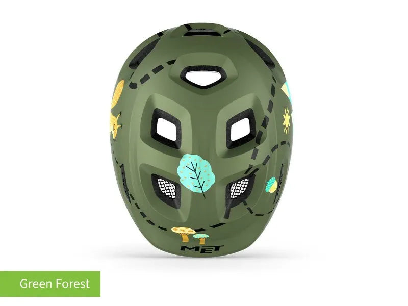 #colour_green forest,Green Forest Kids Helmet Top|MET Hooray kids helmet is light comfy and adjusts easily for a safe secure fit