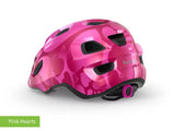 #colour_pink hearts,Pink Hearts Kids Helmet Rear|MET Hooray kids helmet is light comfy and adjusts easily for a safe secure fit