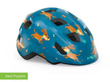 #colour_blue puppy,Blue Puppy Kids Helmet Front|The MET Hooray kids helmet is light comfy and adjusts easily for a safe secure fit