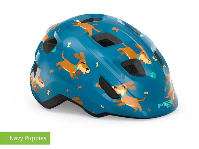 #colour_blue puppy,Blue Puppy Kids Helmet Front|The MET Hooray kids helmet is light comfy and adjusts easily for a safe secure fit