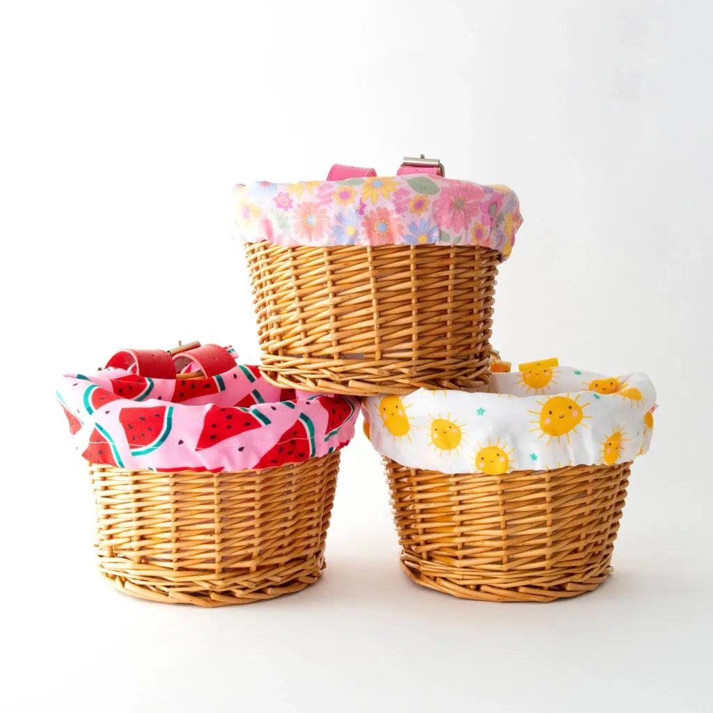 #colour_sunshine, watermelon, retro flowers,Strong yet stylish|Kids bike basket for family cycling adventures