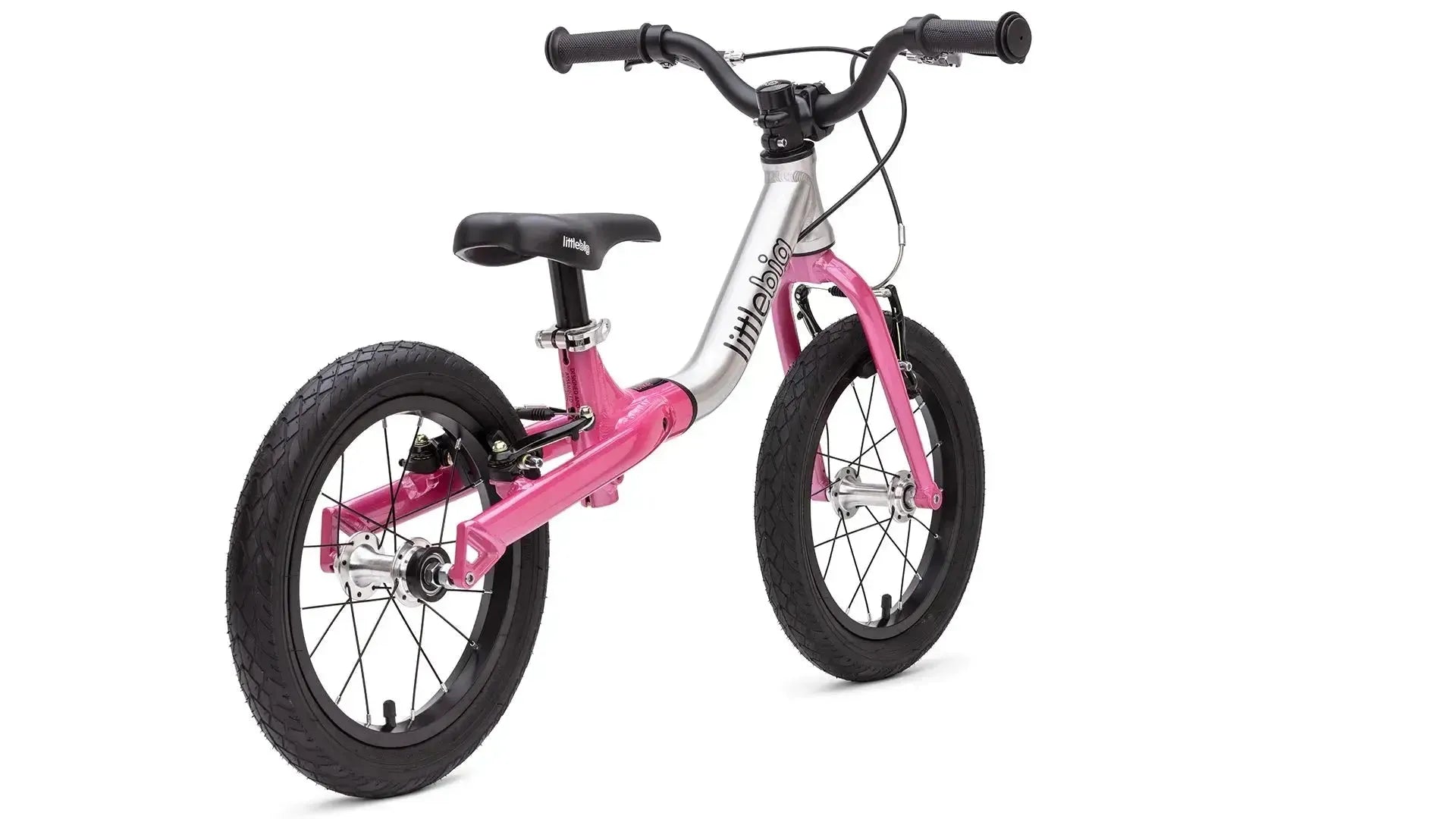 #colour_glitter pink, LittleBig 14 inch balance bike in big mode| Alloy frame with fork and components plus front and rear hand brakes with air tyres and riser bars