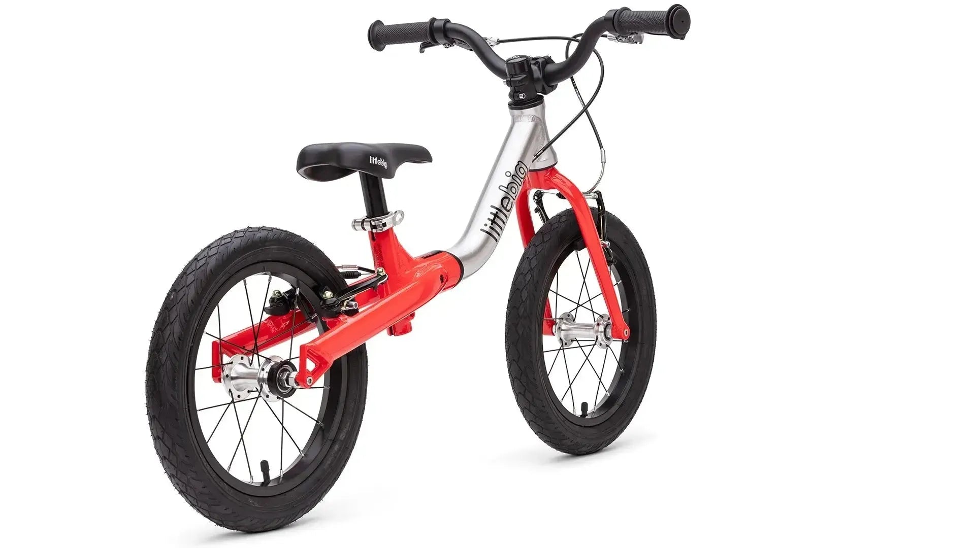 #colour_rocket red, LittleBig 14 inch balance bike in big mode| Alloy frame with fork and components plus front and rear hand brakes with air tyres and riser bars