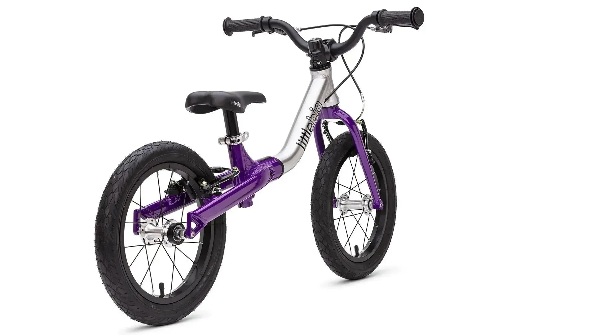 #colour_indigo go, LittleBig 14 inch balance bike in big mode| Alloy frame with fork and components plus front and rear hand brakes with air tyres and riser bars