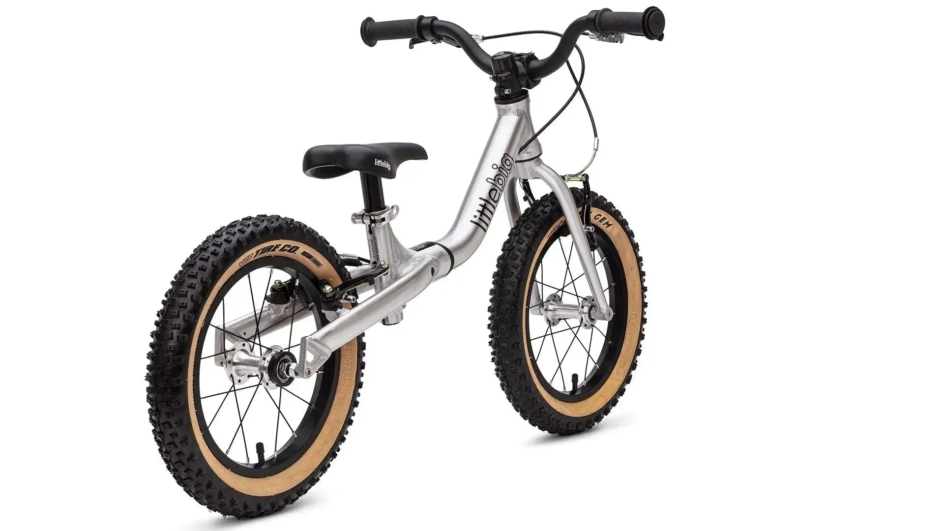 #colour_silver storm, LittleBig 14 inch balance bike in big mode| Alloy frame with fork and components plus front and rear hand brakes with air tyres and riser bars