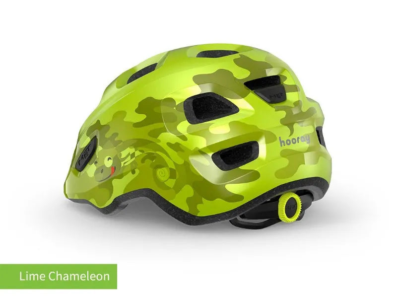 #colour_lime chameleon,Lime Chameleon Kids Helmet Rear|MET Hooray kids helmet is light comfy and adjusts easily for a safe secure fit