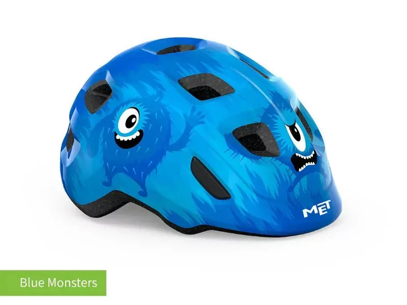 #colour_blue monsters,Blue Monsters Kids Helmet Front|The MET Hooray kids helmet is light comfy and adjusts easily for a safe secure fit