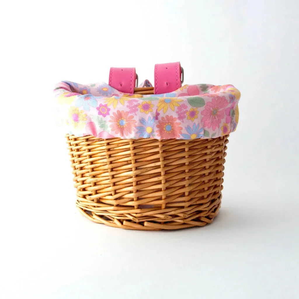 #colour_retro flowers,Retro Flowers Bike Basket Front|Strong yet stylish kids bike basket for family cycling adventures