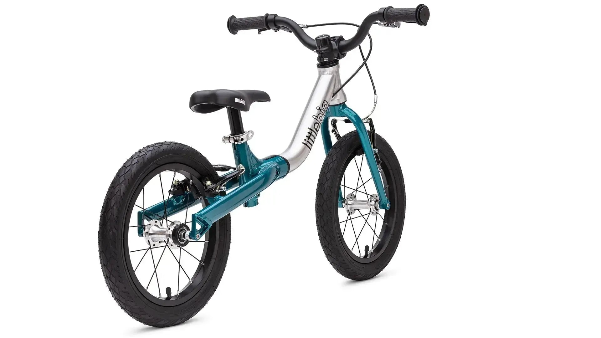 #colour_kingfisher blue, LittleBig 14 inch balance bike in big mode| Alloy frame with fork and components plus front and rear hand brakes with air tyres and riser bars